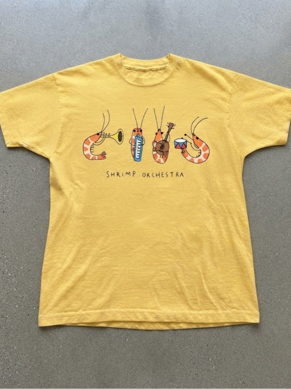 Shrimp Orchestra Whimsical Graphic Yellow Gildan T-shirt